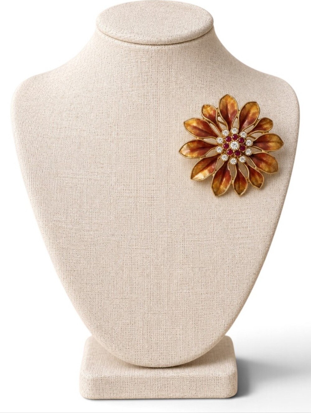 Vintage 60s 70s Enamel Gold Amber Floral Rhinestone Brooch